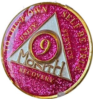 9 Month AA Medallion Hot Pink Glitter Gold Tri-Plate Sobriety Chip