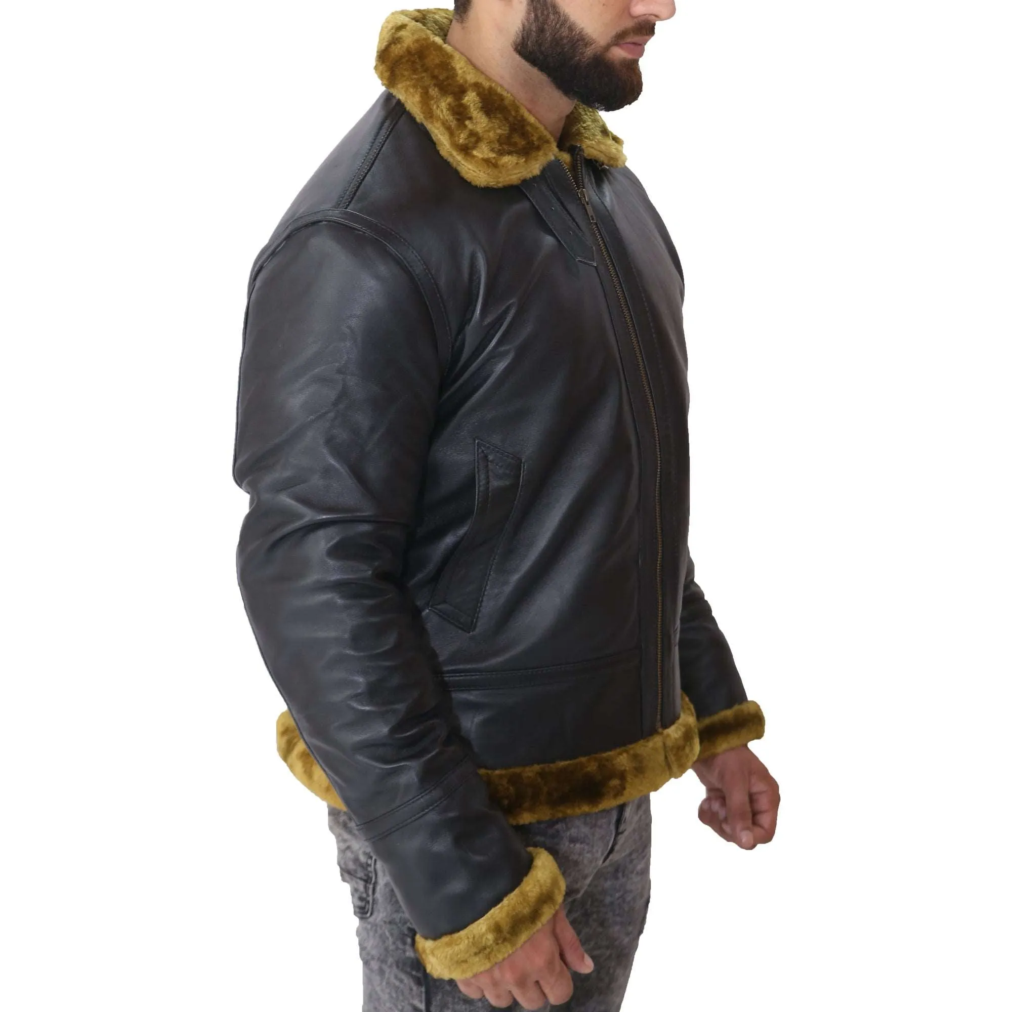 B3 Bomber Men's Real Shearling Black Winter Leather Jacket