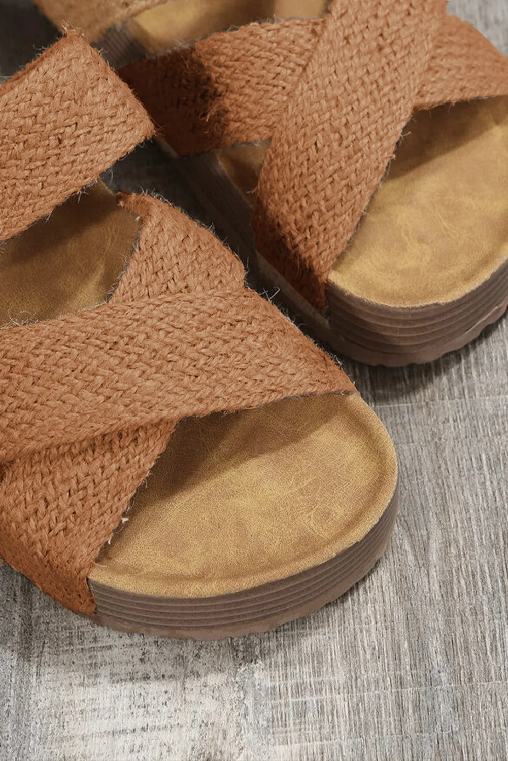 Brown Woven Criss Cross Strap Platform Slip On Sandals