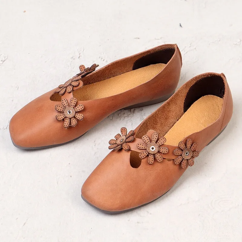 Designer Shoes Genuine Leather Sweet Flowers Slip-on For Women Handmade  Flats Brown/khaki/Black/Red