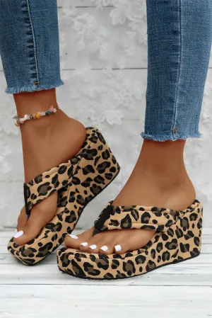 Light French Beige Leopard Platform Wedge Slip On Sandals