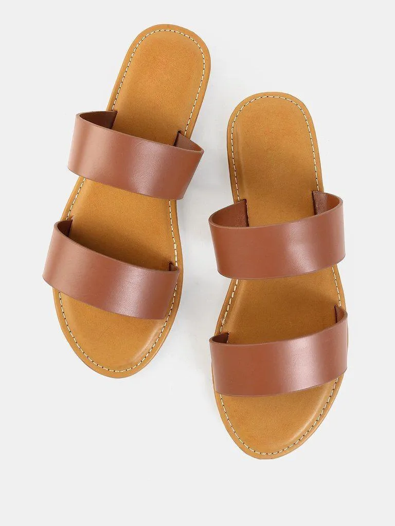 Open Toe Double Strap Sandals TAN