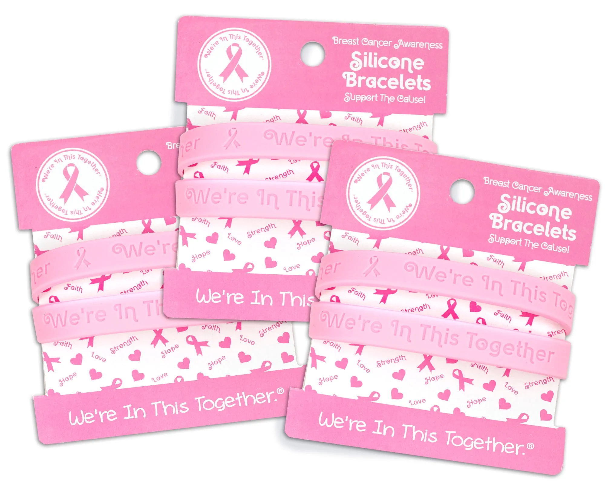 Pink Silicone Breast Cancer Bracelets on Cards