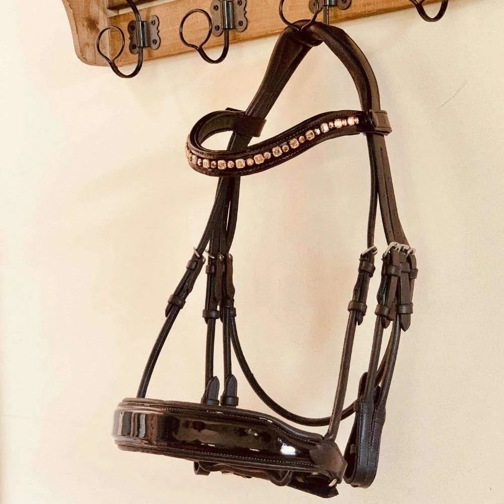 The Cleo - Brown Patent Rolled Leather Double Bridle